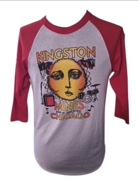 Chicago Kingston Mines Blues Center red and gray baseball tee with black circula